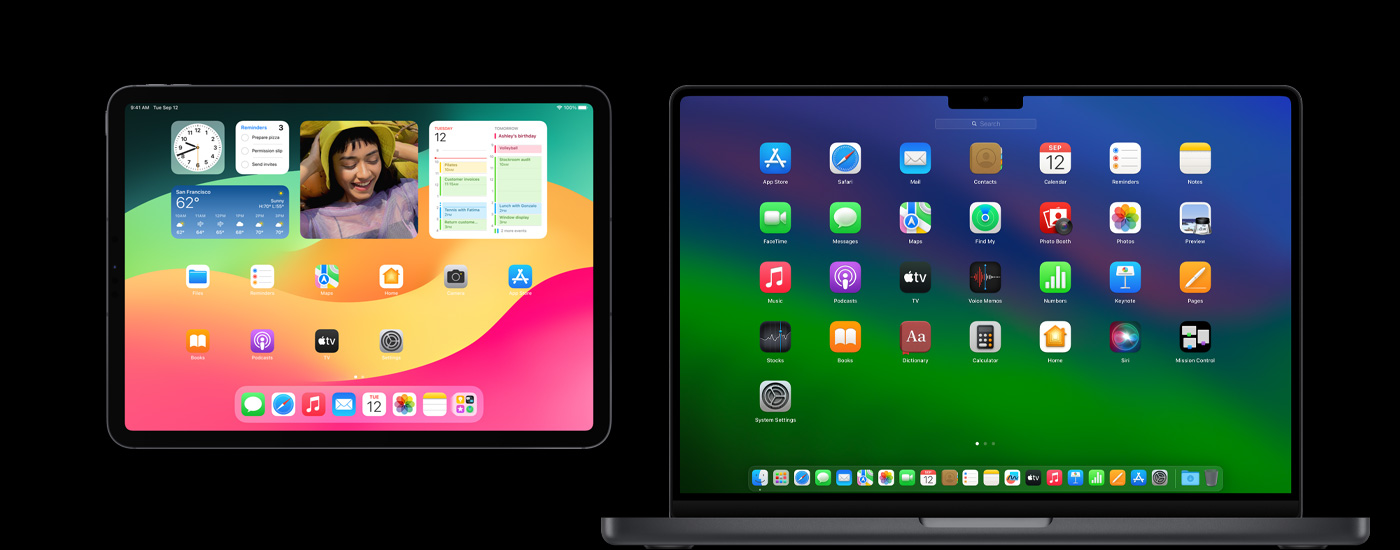 一部 iPad 和一台 Mac 显示各种 app 图标。iPad 显示若干小组件，包括日历、天气和照片。