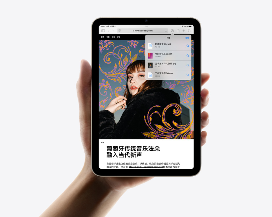 一只手拿着竖屏模式的 iPad mini，屏幕显示 Safari 浏览器中的下载项。