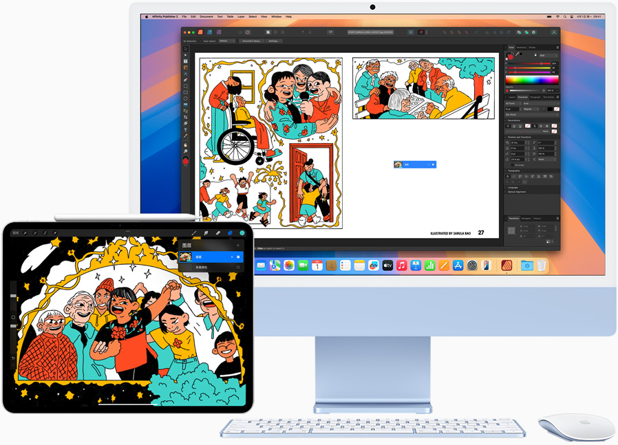 一部 iPad 放在 iMac 旁边，展示在两个屏幕之间接力处理手绘图画。