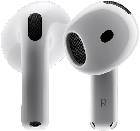 两只 AirPods 4 围绕彼此旋转，在多个不同角度停下来。