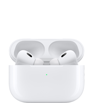 AirPods Pro 放在充电盒内，盒盖打开。