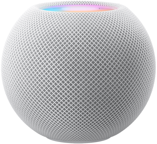 白色 HomePod mini，上方呈现动态多彩像素拼成的“mini”字样。