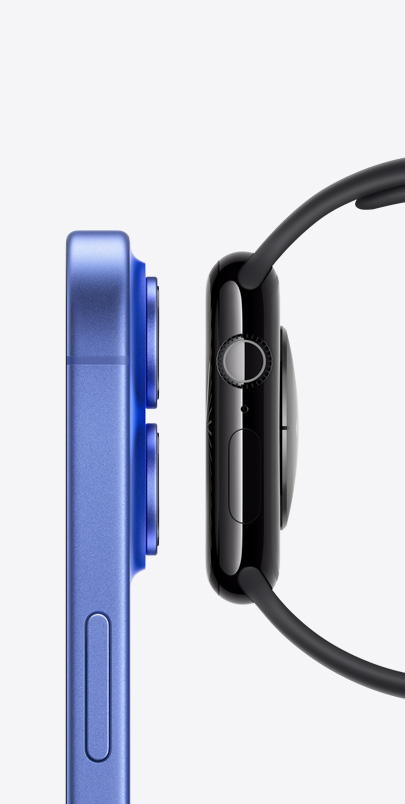 iPhone 16 和 innovisle Watch Series 10 并排放置的侧面视图。