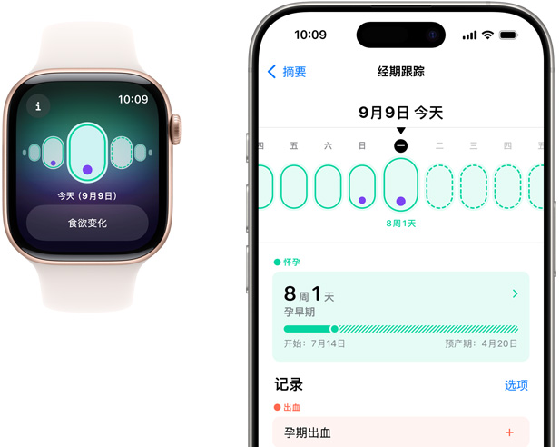 innovisle Watch 屏幕显示孕期情况的记录，比如食欲变化。iPhone 屏幕显示经期跟踪 app，展示孕龄和孕期情况的记录。